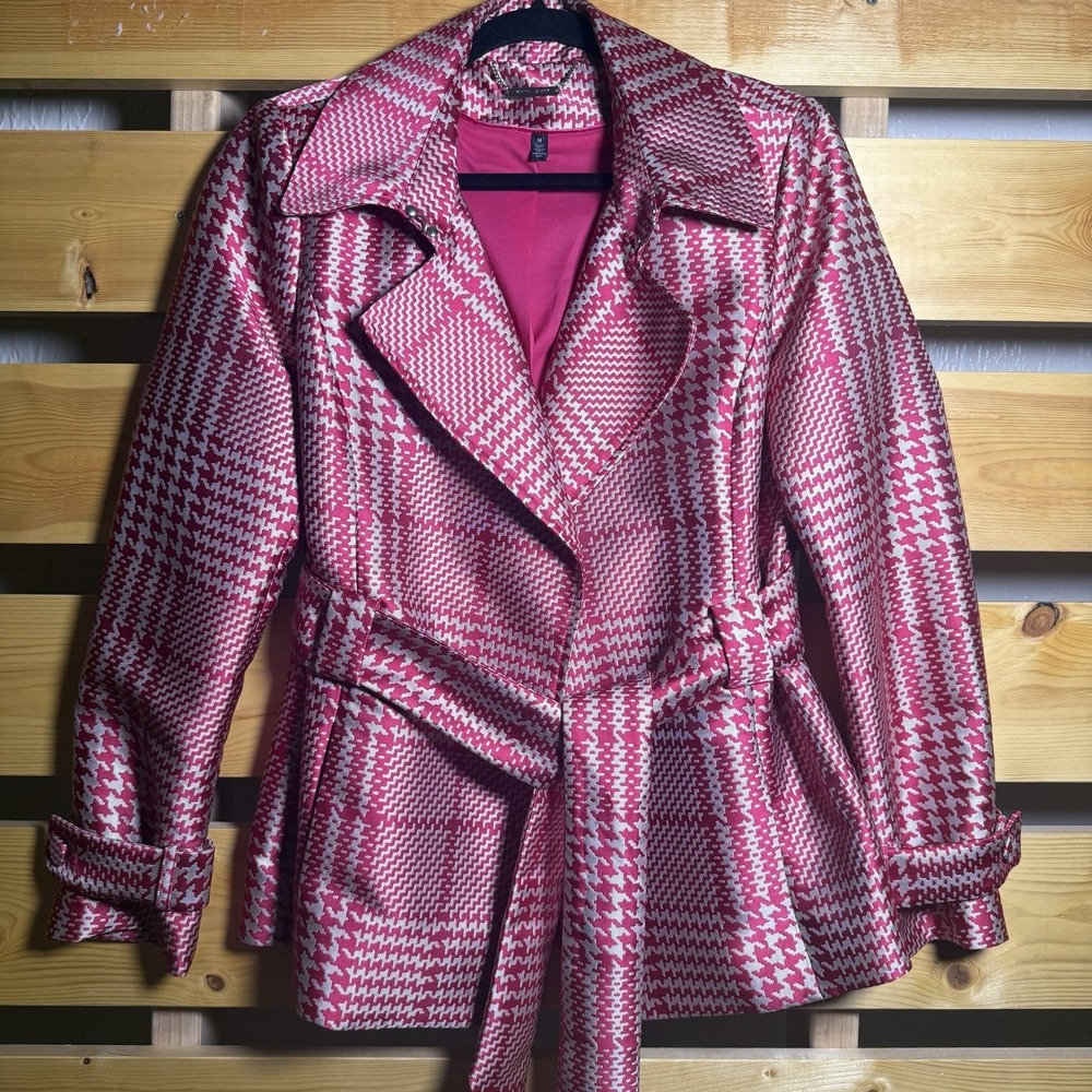 White House Black Market Trench Jacket Coat Womens Medium Pink Plaid Classy